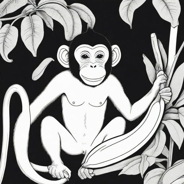 A captivating, two-dimensional black and white outline of a monkey enjoying a banana for a colouring page.