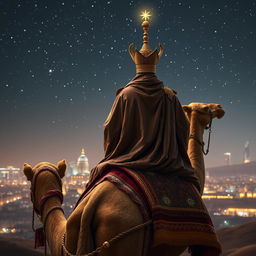 The Eastern king mage Balthazar, depicted from behind, riding a grand camel under a brilliant starry night sky