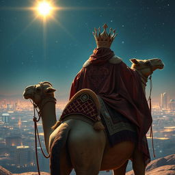 The Eastern king mage Balthazar, depicted from behind, riding a grand camel under a brilliant starry night sky