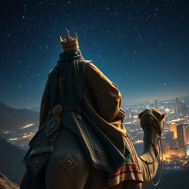 The Eastern king mage Balthazar, depicted from behind, riding a grand camel under a brilliant starry night sky