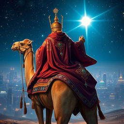 The Eastern king mage Balthazar, depicted from behind, riding a grand camel under a brilliant starry night sky