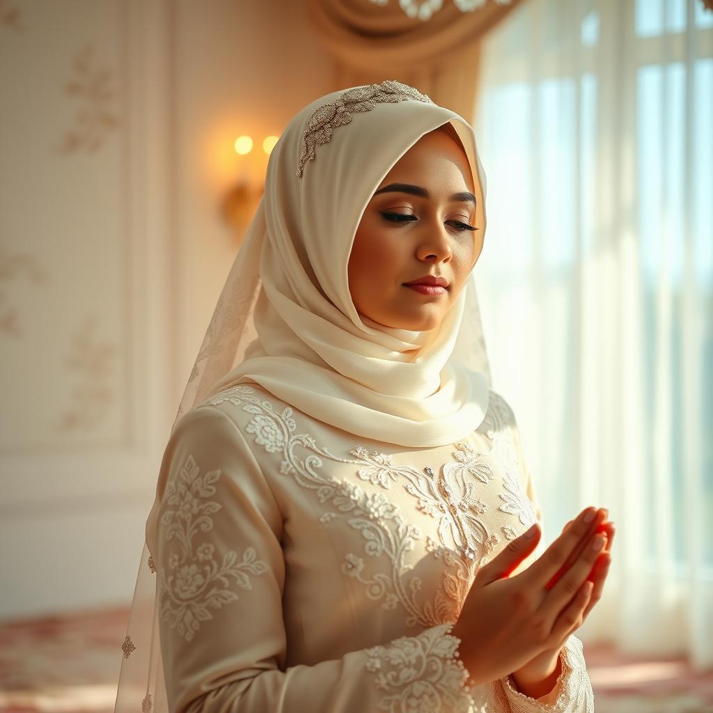 A young Muslim woman in a beautiful wedding dress, performing namaz (prayer) in a serene room filled with soft natural light