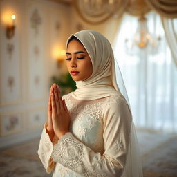 A young Muslim woman in a beautiful wedding dress, performing namaz (prayer) in a serene room filled with soft natural light