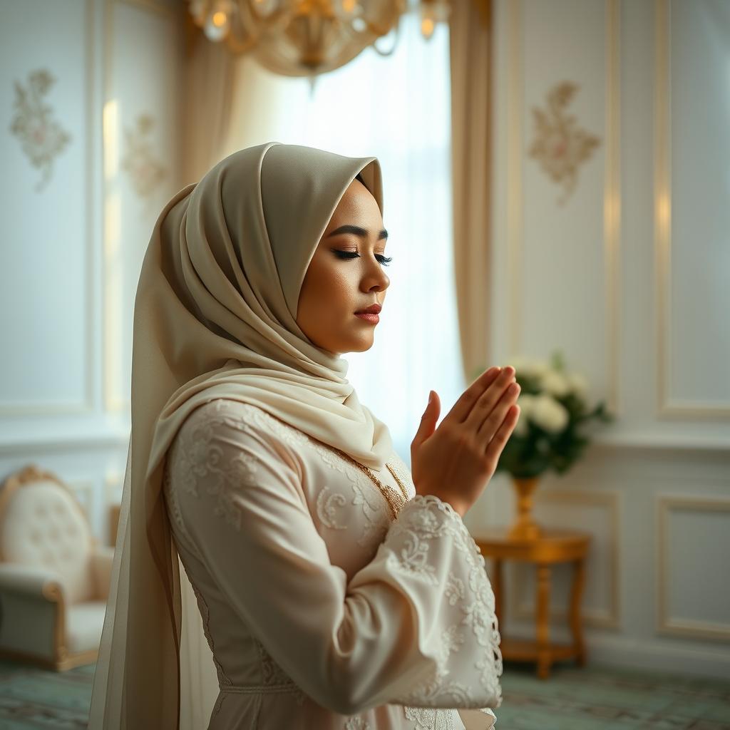 A young Muslim woman in a beautiful wedding dress, performing namaz (prayer) in a serene room filled with soft natural light