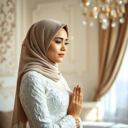 A young Muslim woman in a beautiful wedding dress, performing namaz (prayer) in a serene room filled with soft natural light