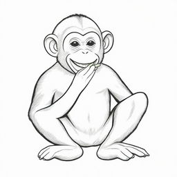 A captivating, two-dimensional black and white outline of a monkey enjoying a banana for a colouring page.