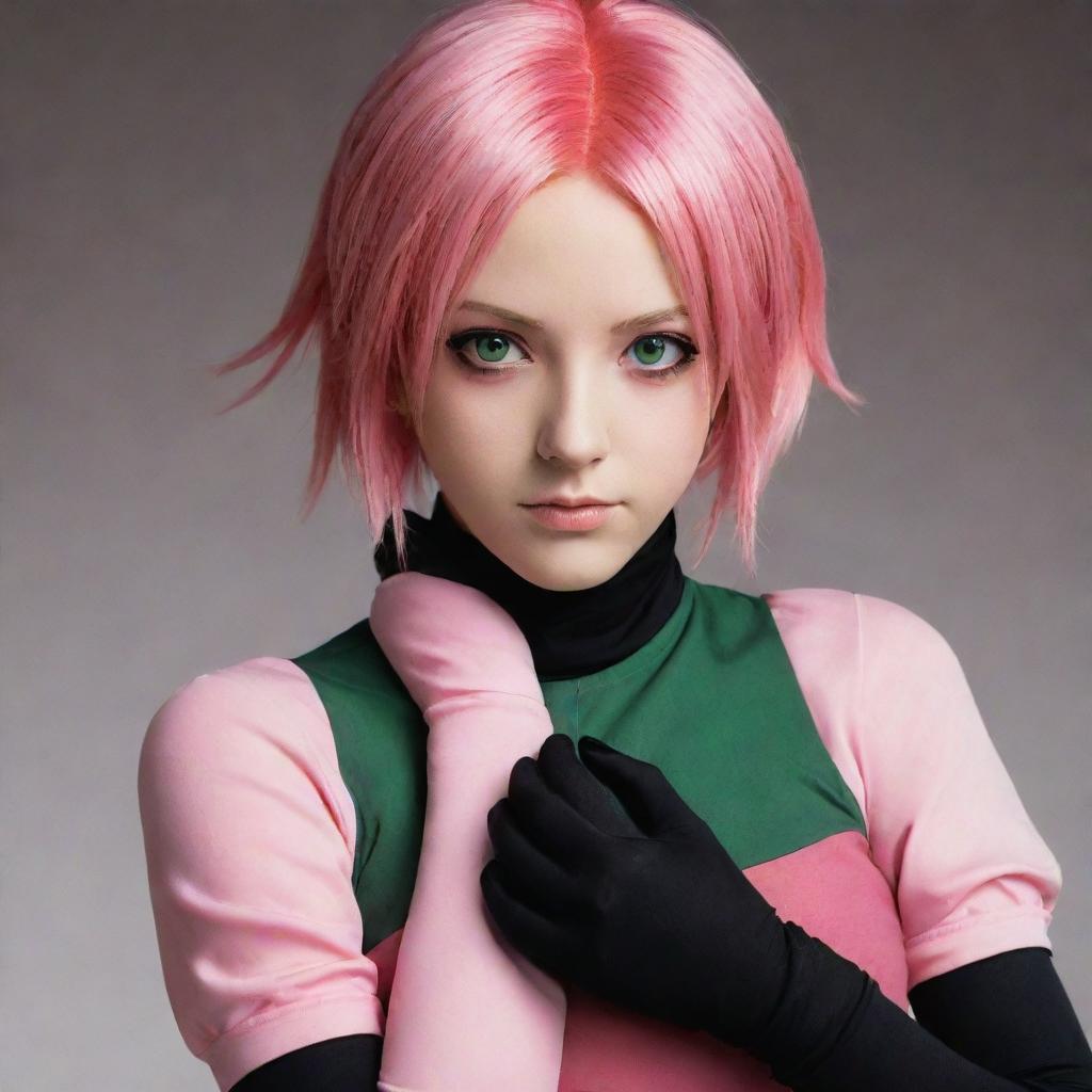 An artistic portrait of Sakura Haruno from Naruto, with her pink hair and green eyes, dressed in her iconic red dress and black gloves.