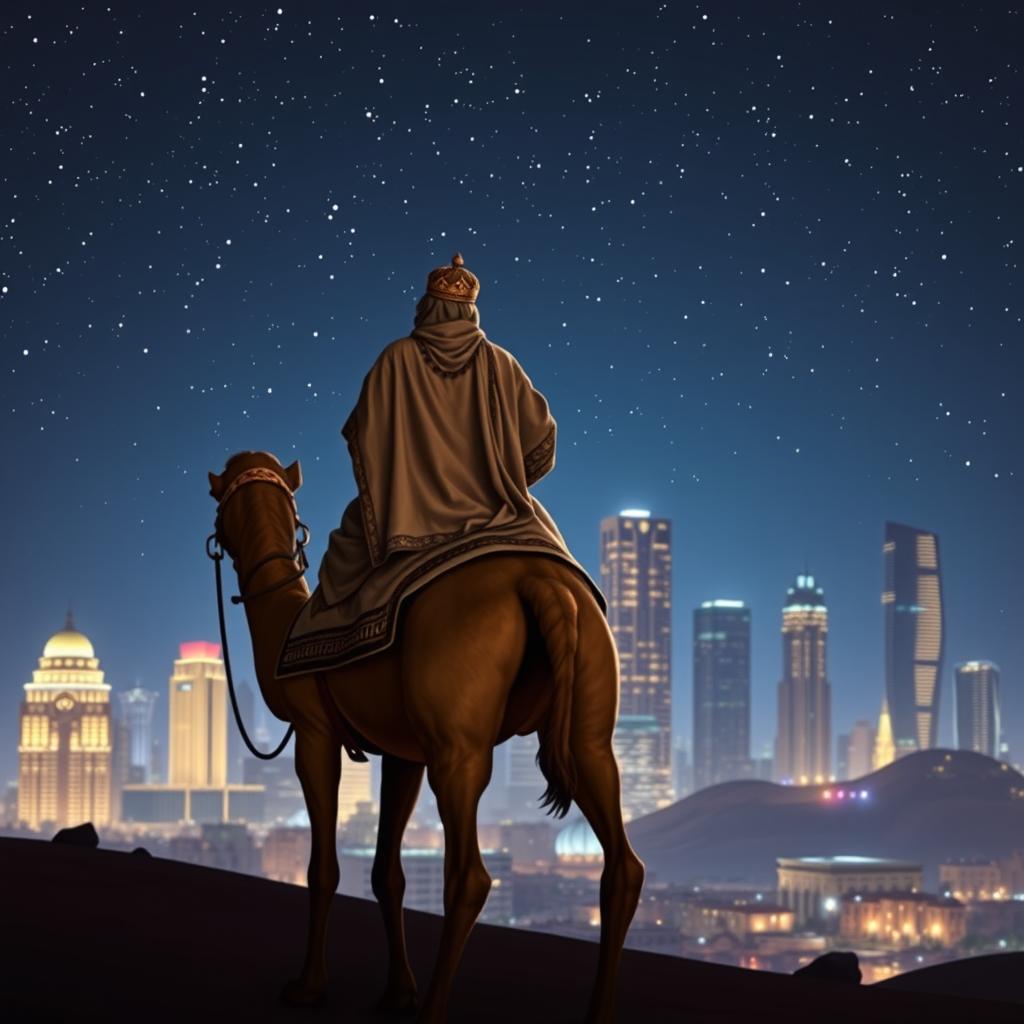 The wise king of the East, Balthazar, depicted from behind, riding a majestic camel under a starry night sky