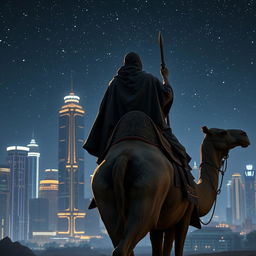 The wise king of the East, Balthazar, depicted from behind, riding a majestic camel under a starry night sky