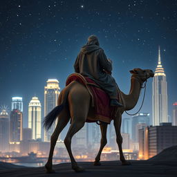 The wise king of the East, Balthazar, depicted from behind, riding a majestic camel under a starry night sky