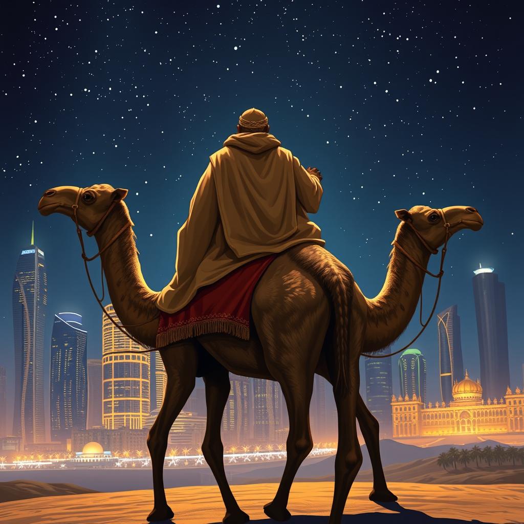 The wise king of the East, Balthazar, depicted from behind, riding a majestic camel under a starry night sky