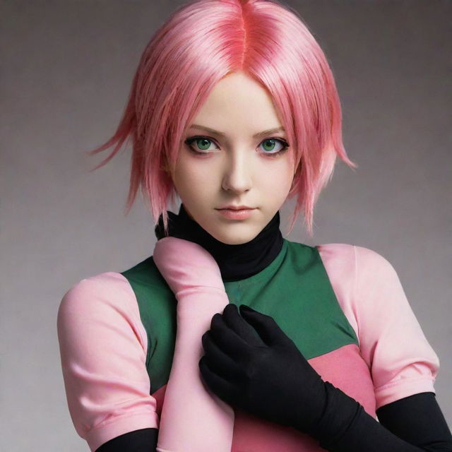 An artistic portrait of Sakura Haruno from Naruto, with her pink hair and green eyes, dressed in her iconic red dress and black gloves.