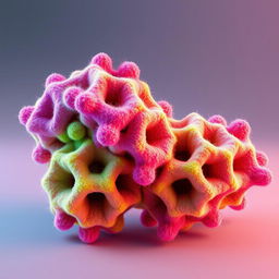 A detailed illustration of porous bipyramidic particles, characterized by their unique double-pyramid shape, with various holes and voids indicating their porous nature