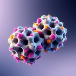 A detailed illustration of porous bipyramidic particles, characterized by their unique double-pyramid shape, with various holes and voids indicating their porous nature