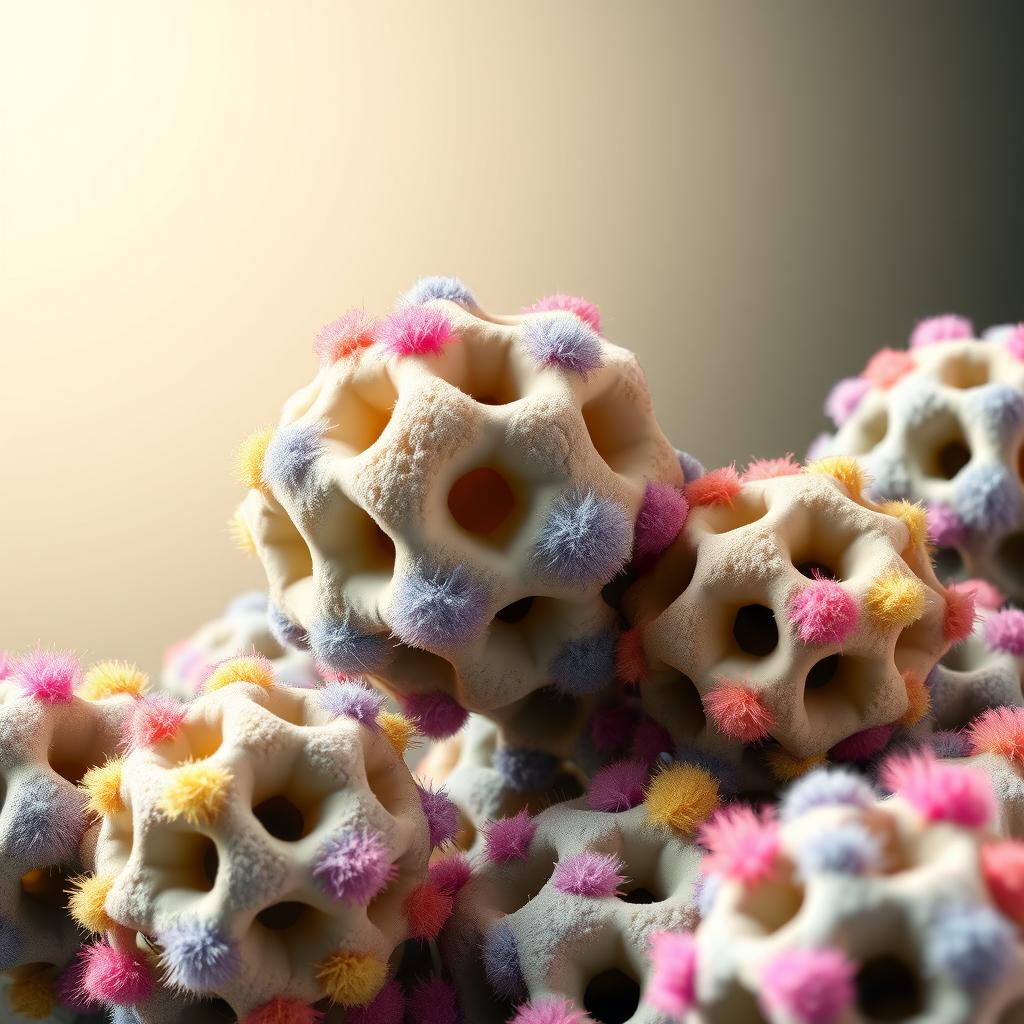 A detailed illustration of porous bipyramidic particles, characterized by their unique double-pyramid shape, with various holes and voids indicating their porous nature