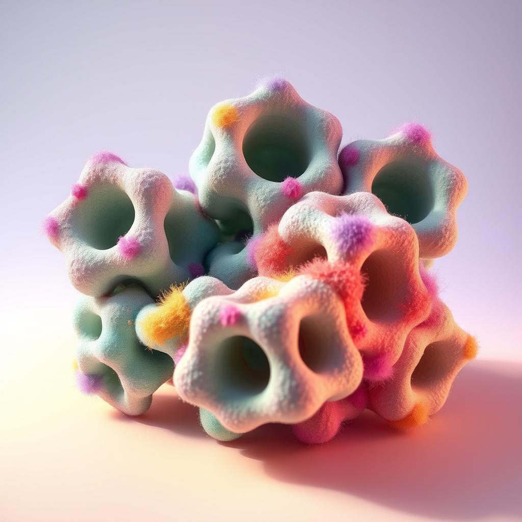 A detailed illustration of porous bipyramidic particles, characterized by their unique double-pyramid shape, with various holes and voids indicating their porous nature