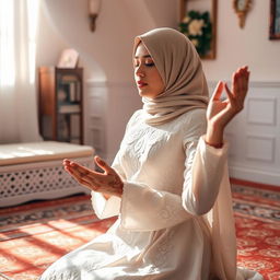 A young Muslim woman in a wedding dress, kneeling on a patterned prayer rug in a serene room