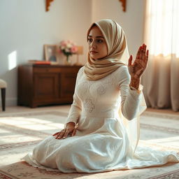 A young Muslim woman in a wedding dress, kneeling on a patterned prayer rug in a serene room