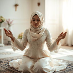 A young Muslim woman in a wedding dress, kneeling on a patterned prayer rug in a serene room