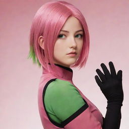 An artistic portrait of Sakura Haruno from Naruto, with her pink hair and green eyes, dressed in her iconic red dress and black gloves.