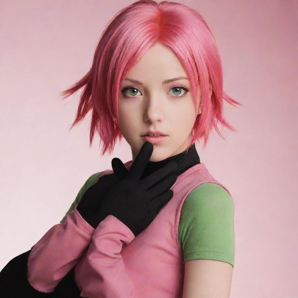 An artistic portrait of Sakura Haruno from Naruto, with her pink hair and green eyes, dressed in her iconic red dress and black gloves.