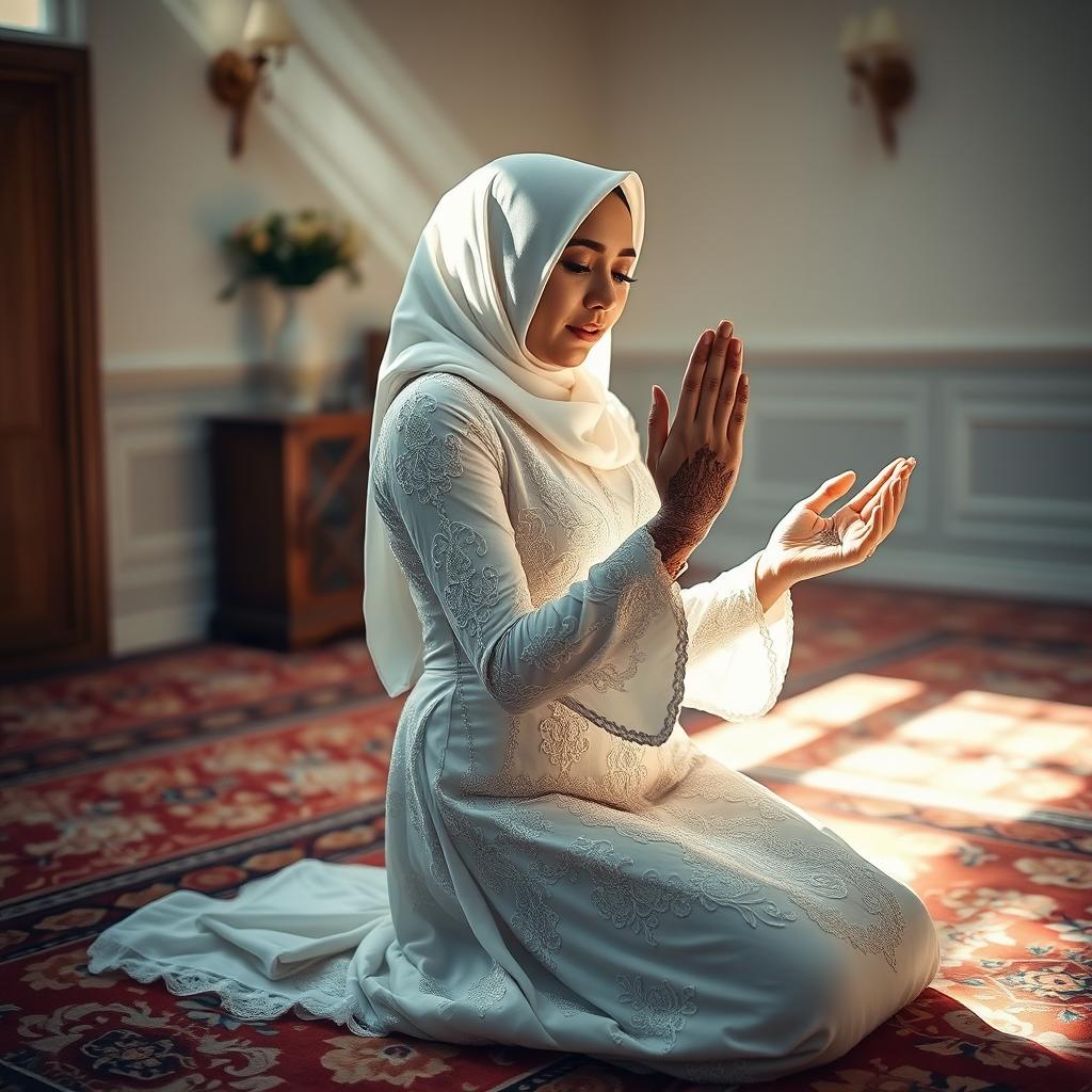 A young Muslim woman in a wedding dress, kneeling on a patterned prayer rug in a serene room