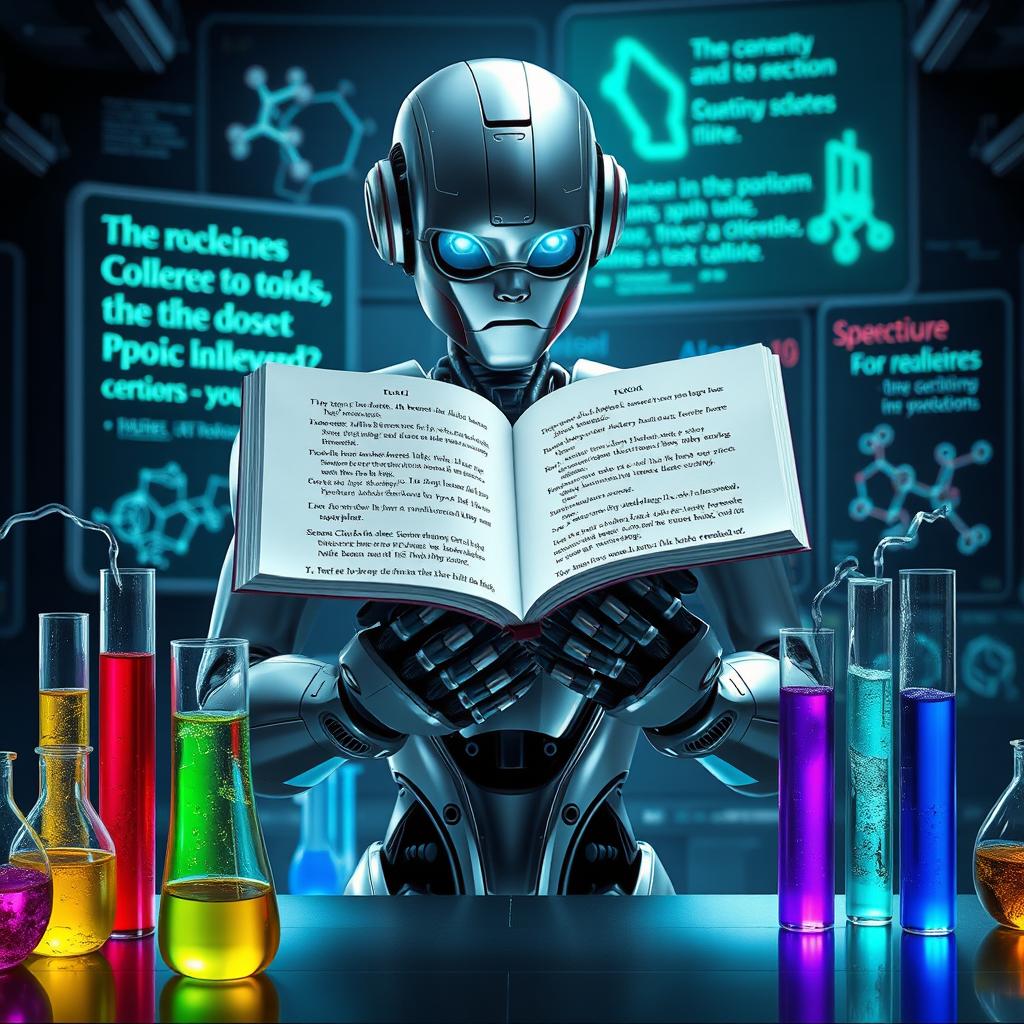 A futuristic scene merging literature, chemistry, and robotics