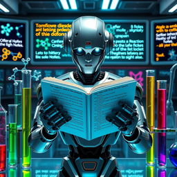 A futuristic scene merging literature, chemistry, and robotics