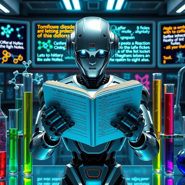 A futuristic scene merging literature, chemistry, and robotics