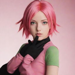 An artistic portrait of Sakura Haruno from Naruto, with her pink hair and green eyes, dressed in her iconic red dress and black gloves.