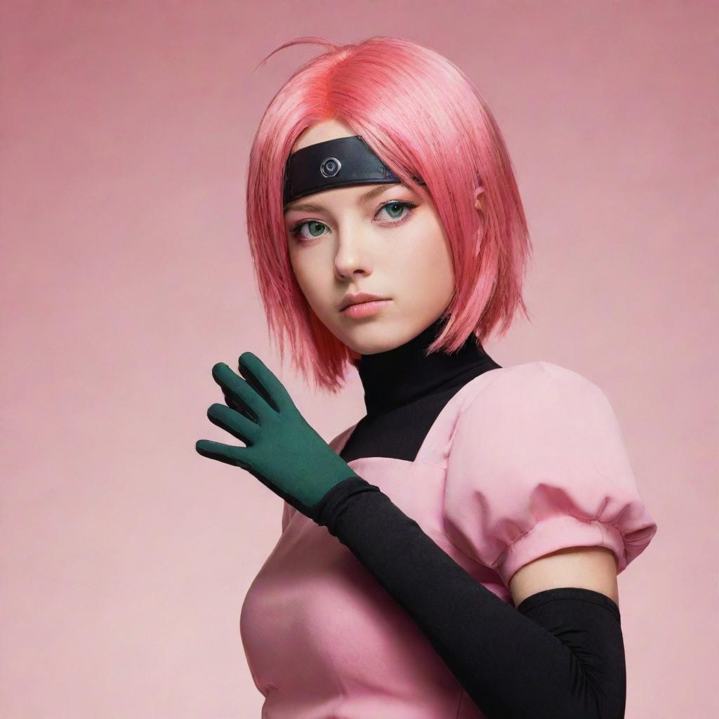 An artistic portrait of Sakura Haruno from Naruto, with her pink hair and green eyes, dressed in her iconic red dress and black gloves.