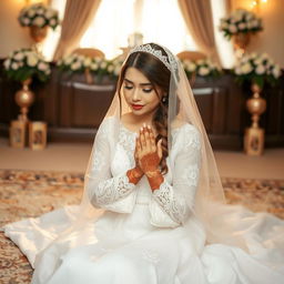 A beautiful bride in her wedding dress, sitting on a plush carpet, engaged in a heartfelt prayer, known as Salat, with tears gently rolling down her cheeks