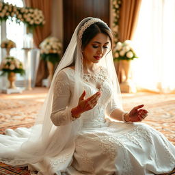 A beautiful bride in her wedding dress, sitting on a plush carpet, engaged in a heartfelt prayer, known as Salat, with tears gently rolling down her cheeks