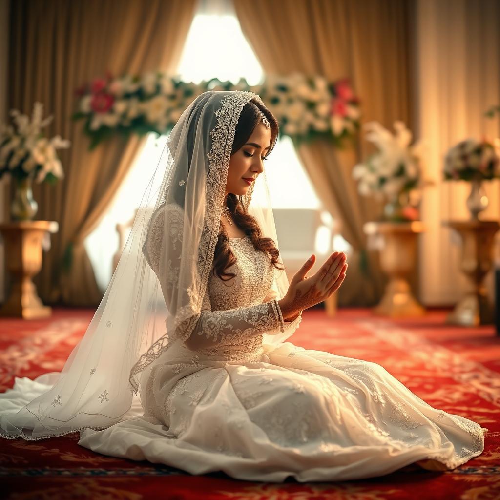 A beautiful bride in her wedding dress, sitting on a plush carpet, engaged in a heartfelt prayer, known as Salat, with tears gently rolling down her cheeks