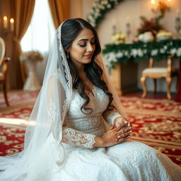 A beautiful bride in her wedding dress, sitting on a plush carpet, engaged in a heartfelt prayer, known as Salat, with tears gently rolling down her cheeks