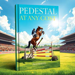 An impactful book cover for 'PEDESTAL AT ANY COST,' centered around the world of equestrian sport