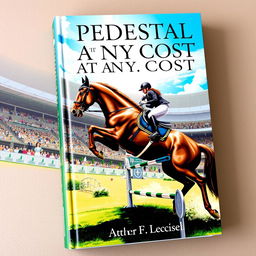 An impactful book cover for 'PEDESTAL AT ANY COST,' centered around the world of equestrian sport