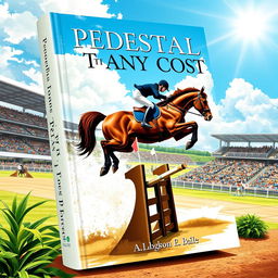 An impactful book cover for 'PEDESTAL AT ANY COST,' centered around the world of equestrian sport