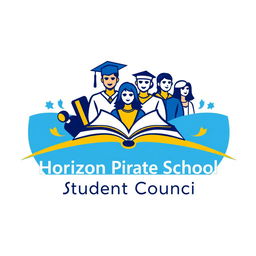 A modern and vibrant logo design for the Horizon Private School Student Council, featuring a stylized horizon line symbolizing growth and unity