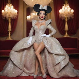 Mickey Mouse styled as an extravagant drag queen, adorned with a sparkly gown, high-end fashion heels and voluminous, larger than life hairstyle. His makeup should passionately express the drag culture, yet retain the classic Mickey characteristics.