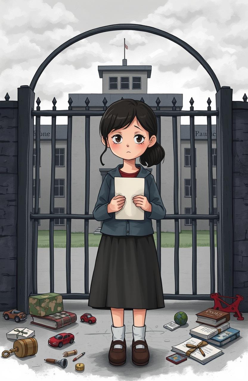 A poignant illustration depicting a young girl standing at a prison gate, her expression a mixture of sadness and resilience