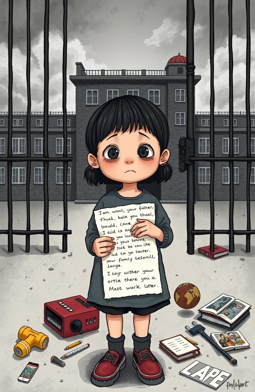 A poignant illustration depicting a young girl standing at a prison gate, her expression a mixture of sadness and resilience