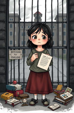 A poignant illustration depicting a young girl standing at a prison gate, her expression a mixture of sadness and resilience