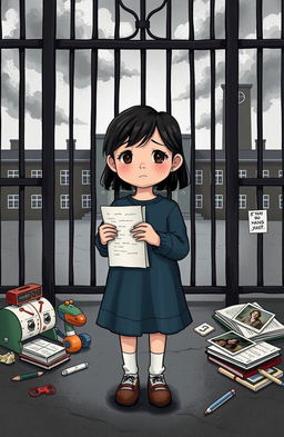 A poignant illustration depicting a young girl standing at a prison gate, her expression a mixture of sadness and resilience