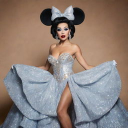 Mickey Mouse styled as an extravagant drag queen, adorned with a sparkly gown, high-end fashion heels and voluminous, larger than life hairstyle. His makeup should passionately express the drag culture, yet retain the classic Mickey characteristics.