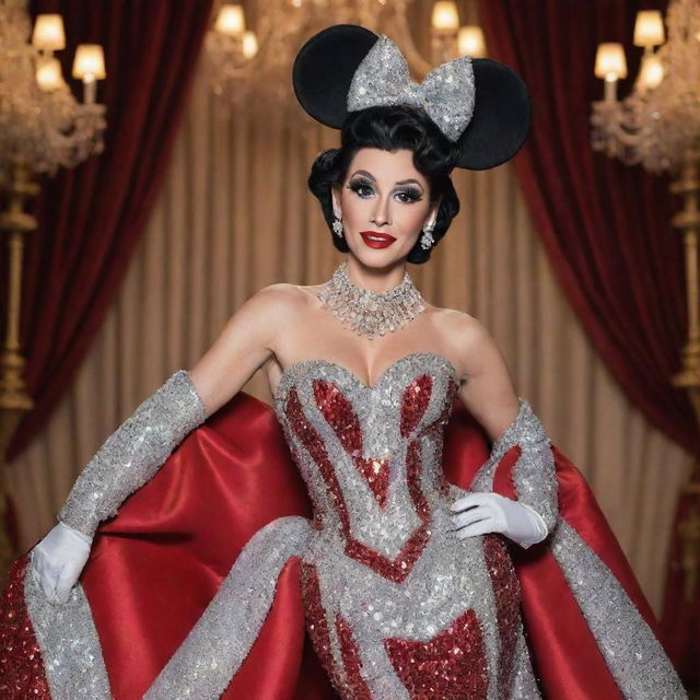 Mickey Mouse styled as an extravagant drag queen, adorned with a sparkly gown, high-end fashion heels and voluminous, larger than life hairstyle. His makeup should passionately express the drag culture, yet retain the classic Mickey characteristics.