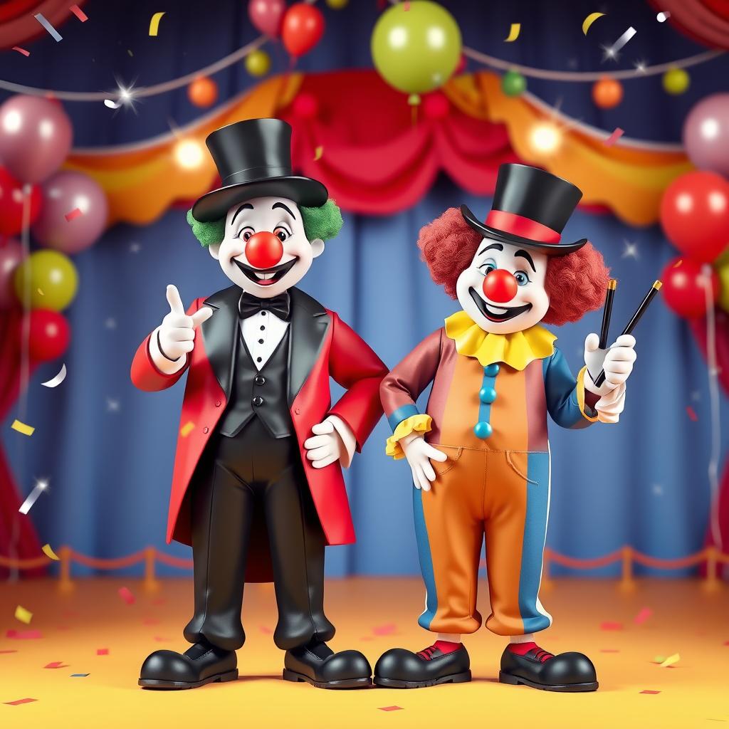 A lively 3D scene featuring a colorful clown standing next to a mysterious magician