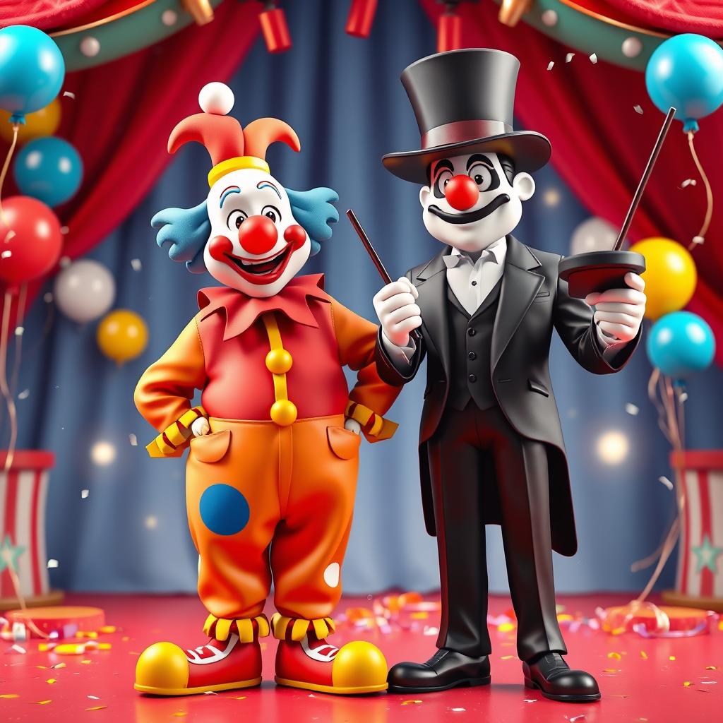 A lively 3D scene featuring a colorful clown standing next to a mysterious magician