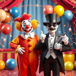 A lively 3D scene featuring a colorful clown standing next to a mysterious magician