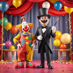 A lively 3D scene featuring a colorful clown standing next to a mysterious magician